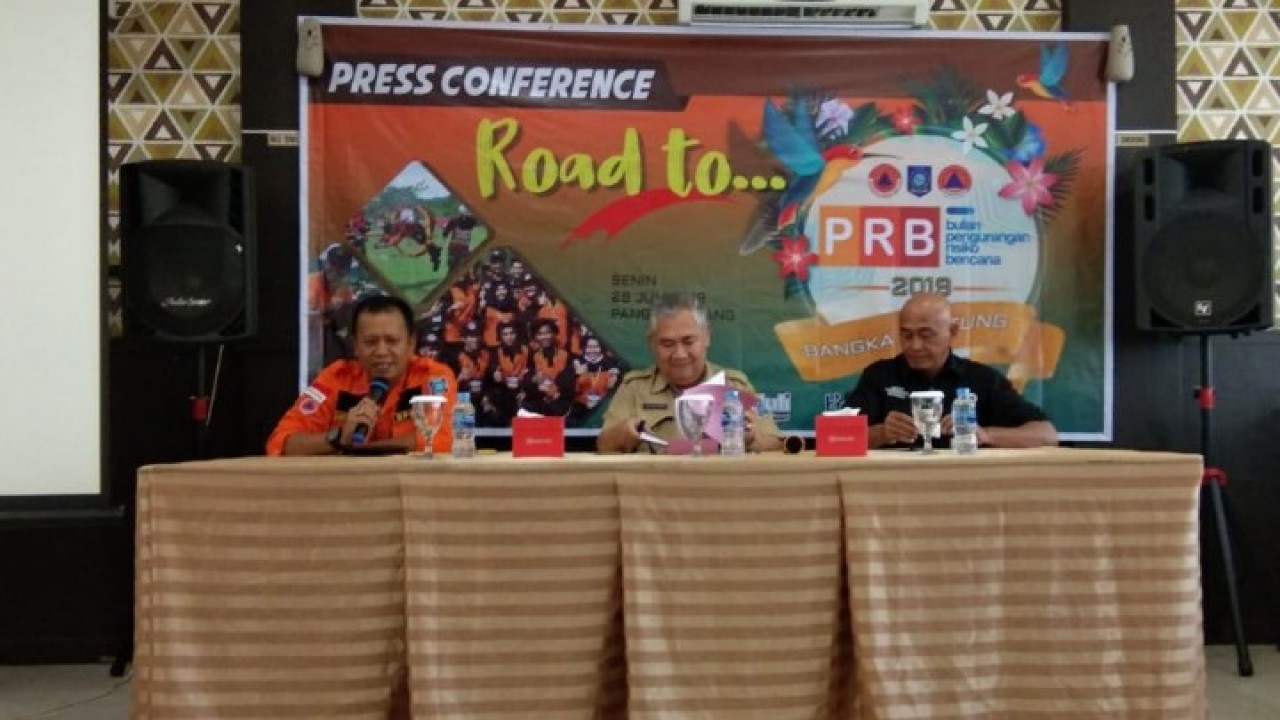 BPBD Provinsi Babel, press conference 'Road To PRB 2019', yang bertempat di Rumah Makan Pagi Sore jalan Pulau Pelepas Komplek Perkantoran Gubernur Provinsi Kepulauan Bangka Belitung, Senin (29/07/2019).
