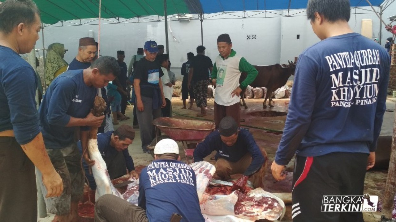 Masjid Al - Khosyi'un Kelurahan Semabung Lama ramai didatangi masyarakat untuk melihat pemotongan hewan kurban, dalam merayakan Hari Raya Idul Adha 1439 Hijriah, Rabu (22/08/2018).