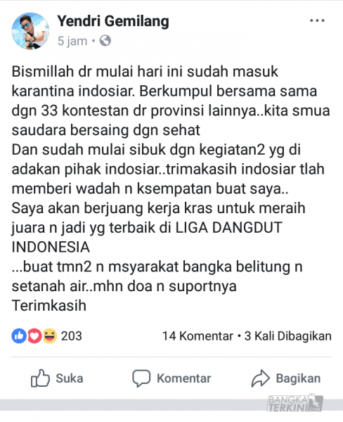 Tulisan Yendri Gemilang disalah satu akun sosial media nya.
